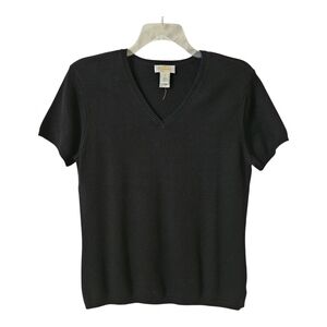 Talbots Short Sleeve Knit Sweater Womens L NWOT Vtg Black V-Neck Casual Vintage